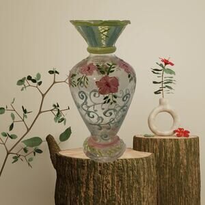 Vintage Tracy Porter Hand-Painted Glass Bud Vase Pink Floral Ruffled Rim 6.5”